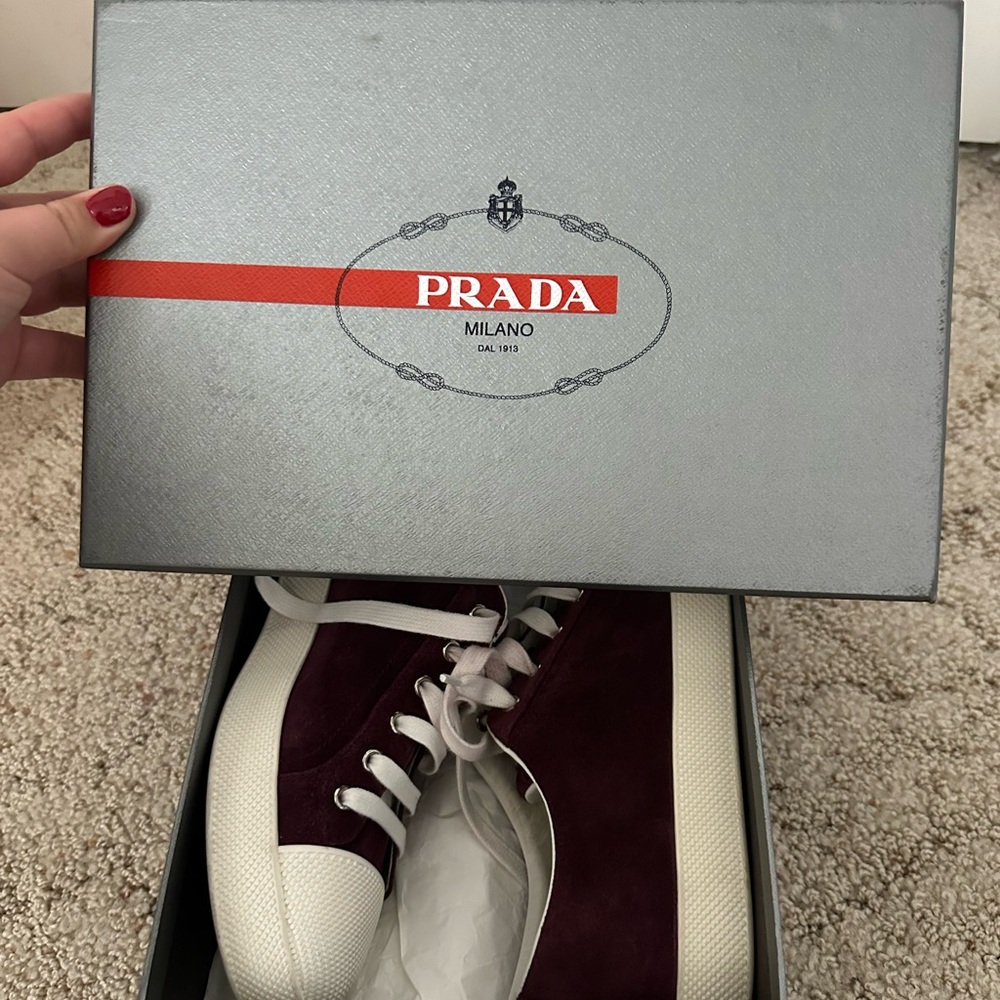 Prada Burgundy and White Sneakers